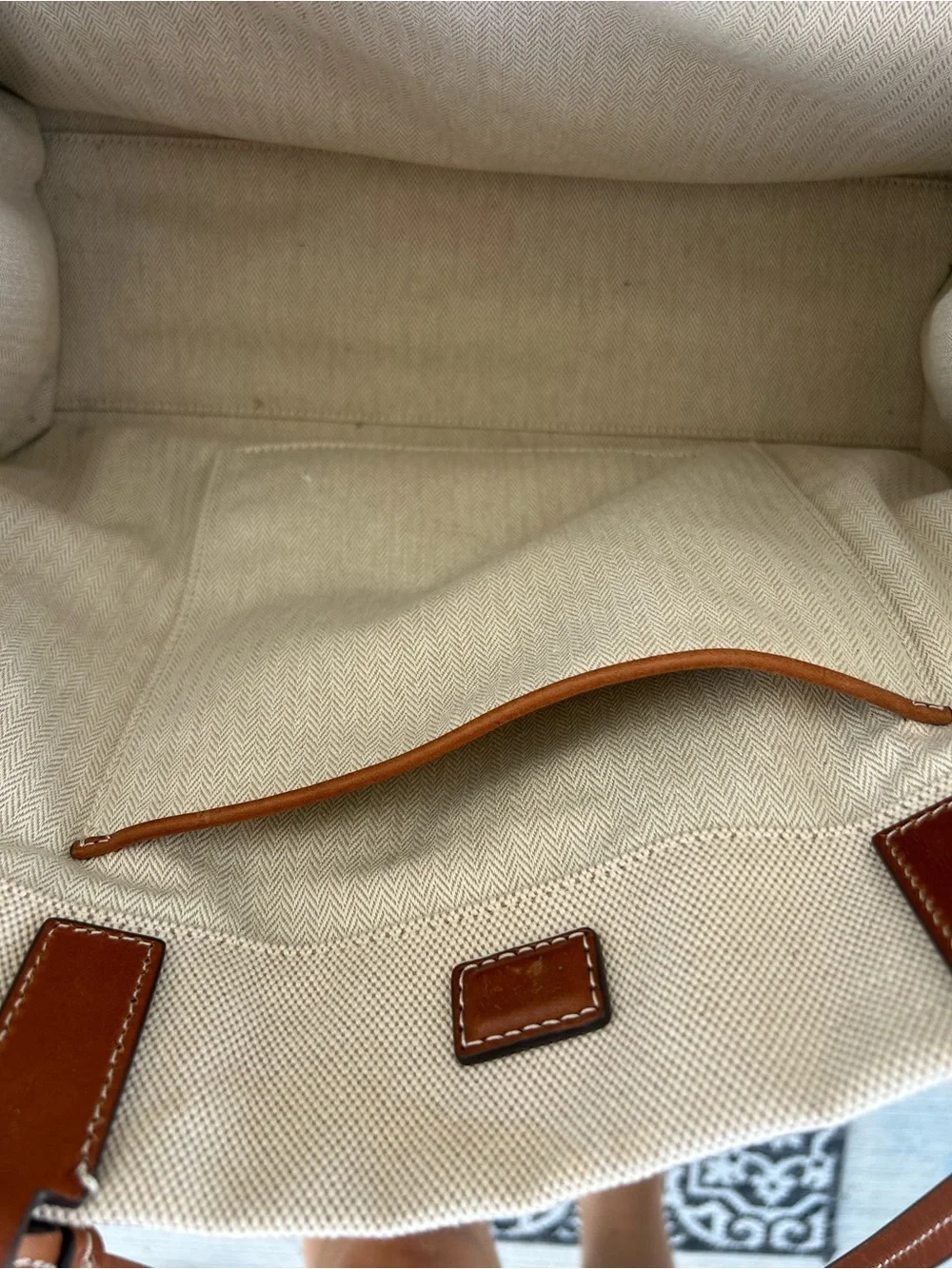 TORY BURCH Ella Canvas tote large Brown Leather Natural Classic Cuoio Bag Auth